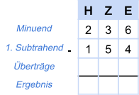 Beispiel Subtraktion 1 - 1. Schritt