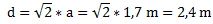 d=√2*a=√2*1,7 m=2,4 m